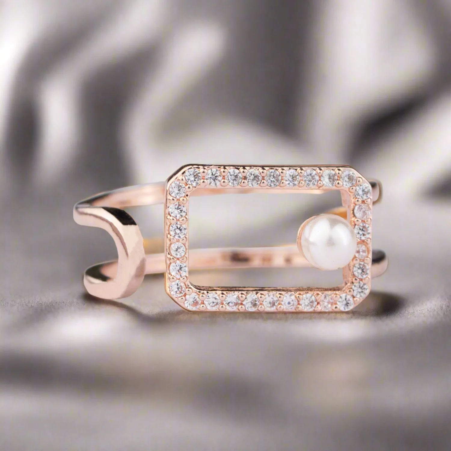Rose Gold Pearl Diamond Adjustable Ring - Image 4